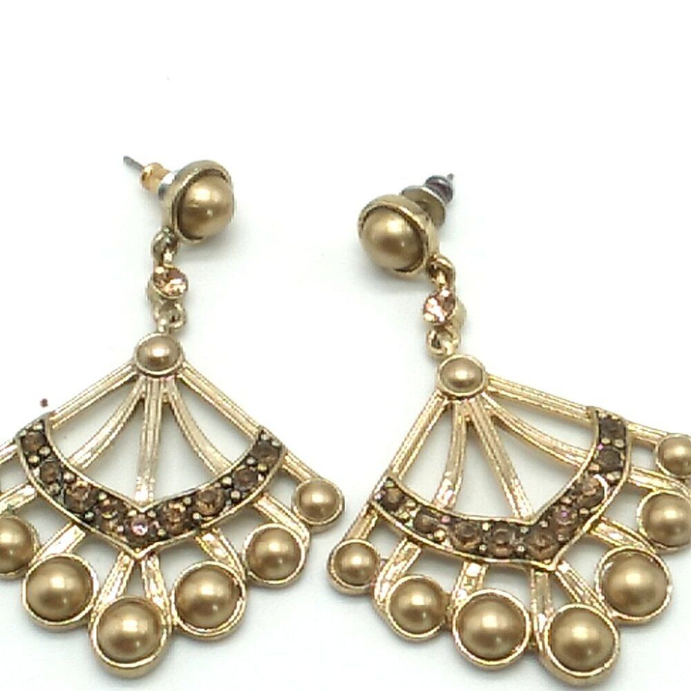 Gold-tone Fan Beaded Champagne Rhinestone Dangle Post Earrings